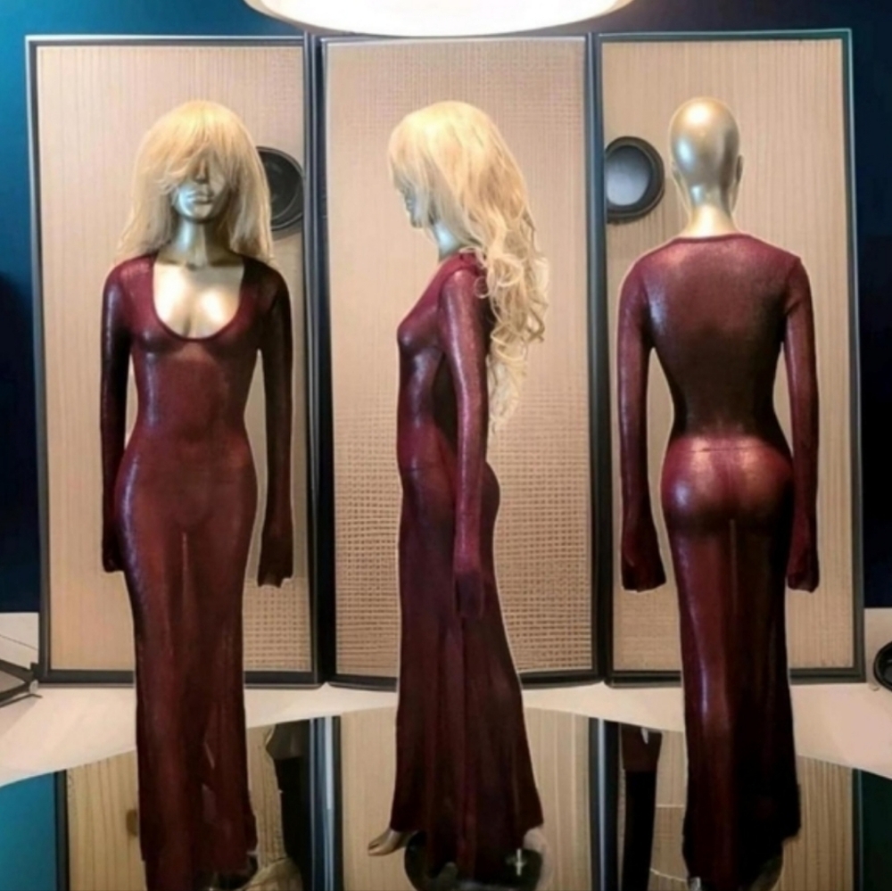 NWT Burgandy Sheer Long Sleeve Sweater Knit Ibiza Festival Maxi Dress Sz S